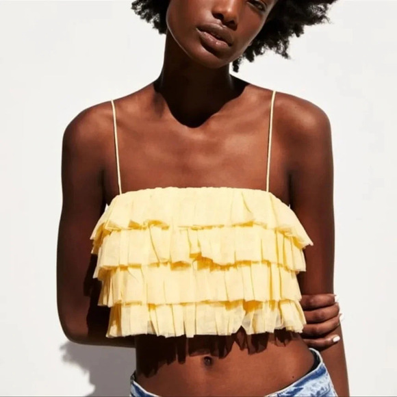 Zara ruffled tulle tank crop top in butter yellow - Picture 3 of 11